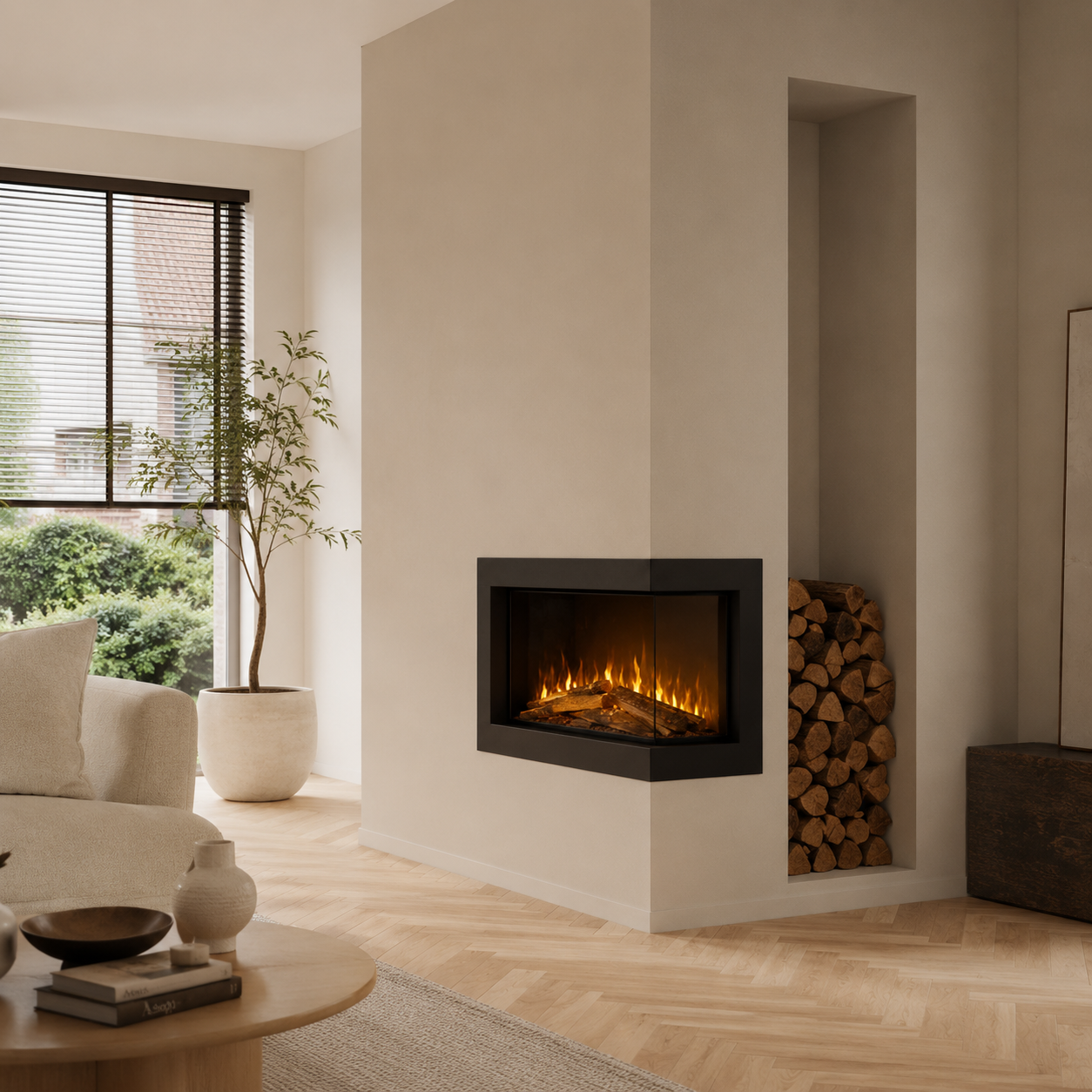 Flamente elektrische hoekhaard in een woonkamer