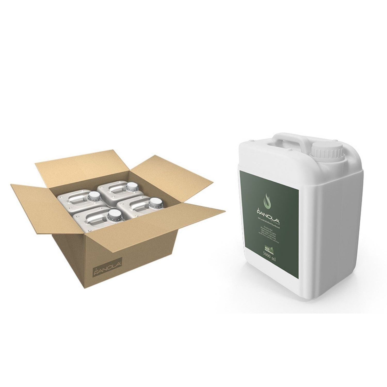 Vier jerrycans Fanola bio-ethanol brandstof van 5 liter voor Planika haarden