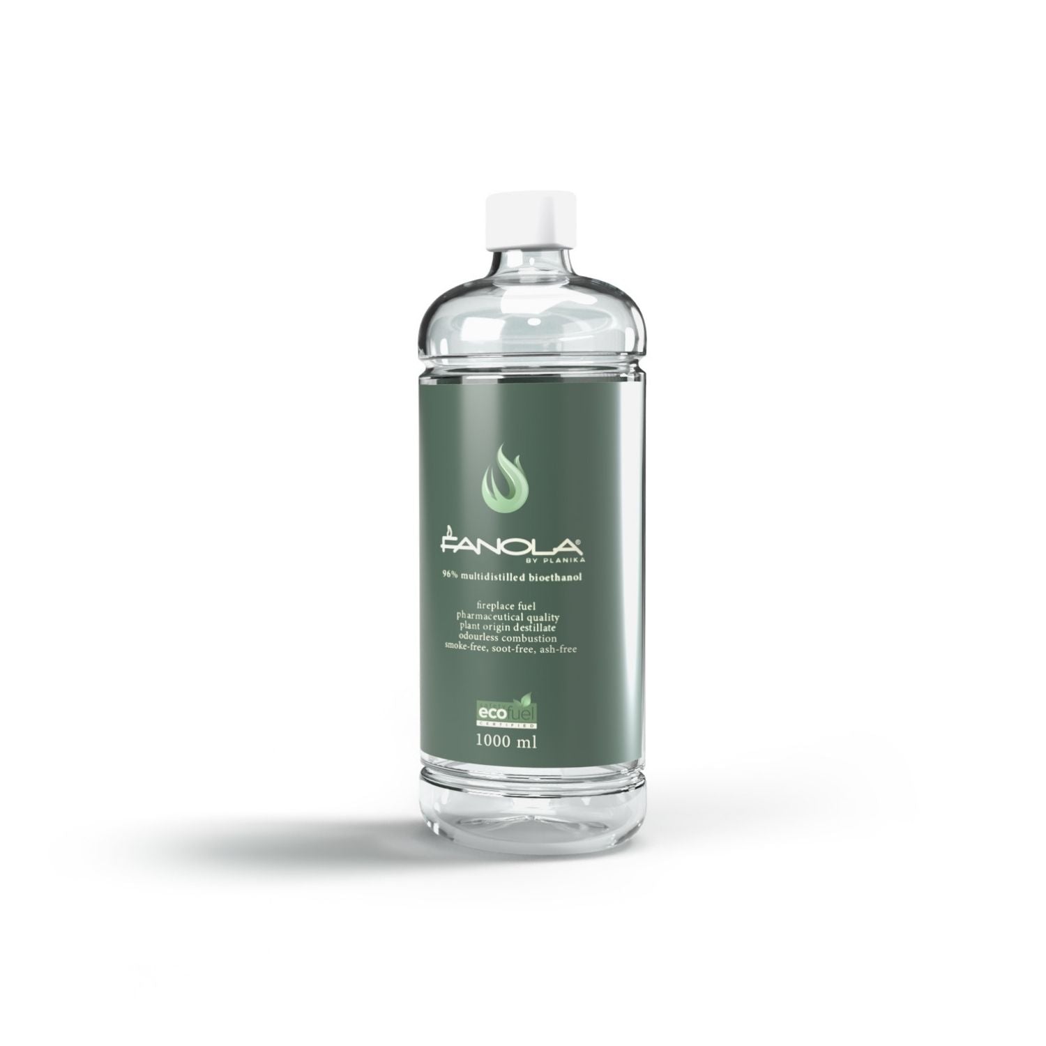 Fles Fanola bio-ethanol met etiket, 1 liter milieuvriendelijke haardbrandstof