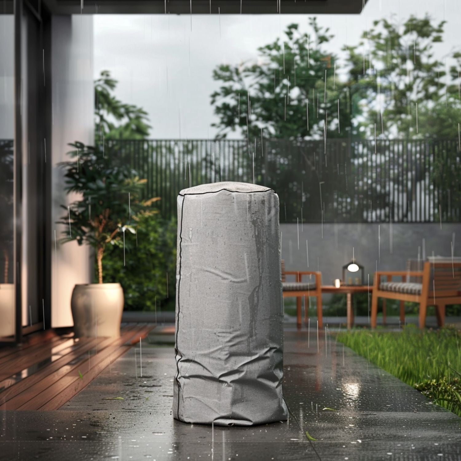 Planika Bino gasbuitenhaard buiten geplaatst met standaard meegeleverde beschermhoes