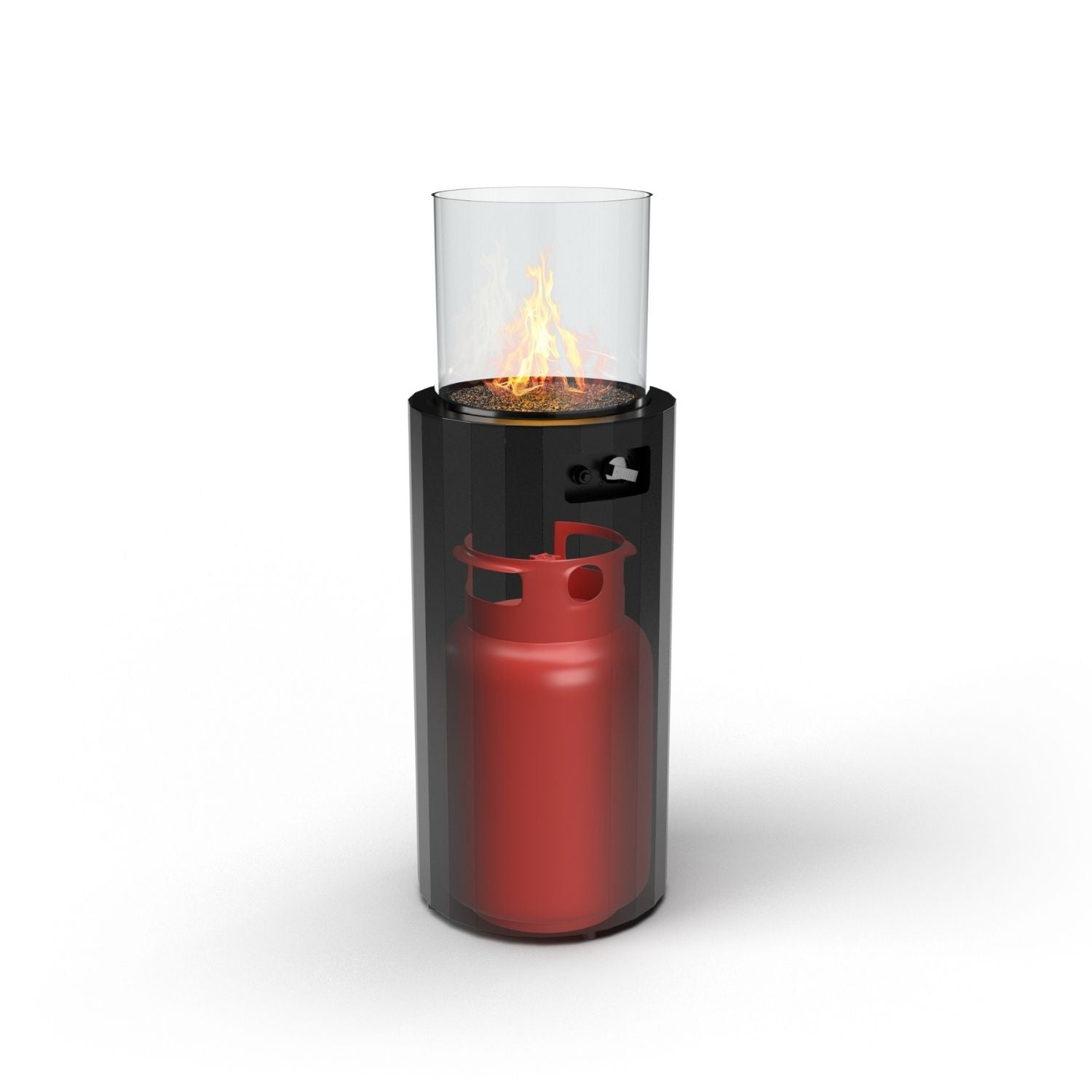 Vrijstaande Planika Bino gasbuitenhaard met natuurlijke vlammen en zwarte stenen