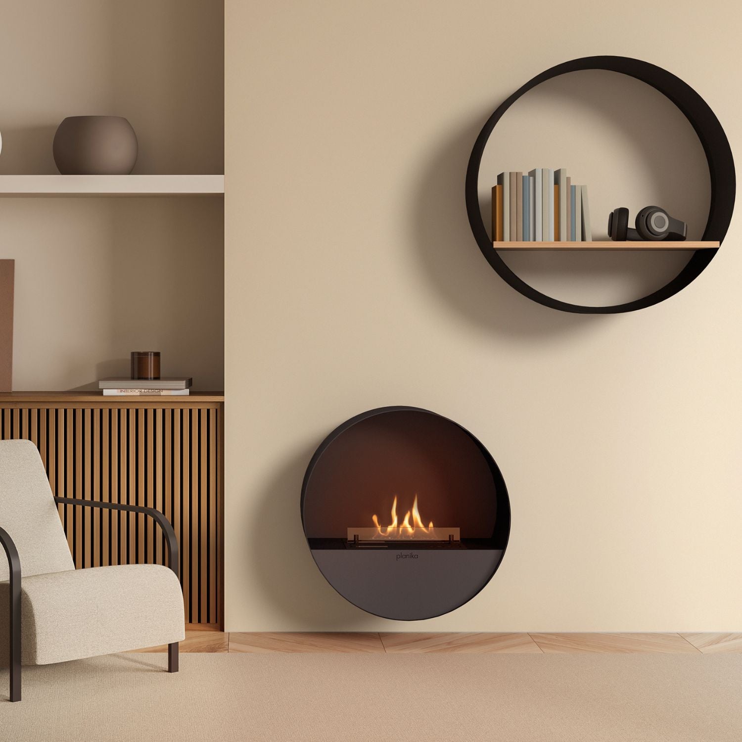 Ronde Planika Bubble Wall bio-ethanol haard gemonteerd in moderne woonkamer