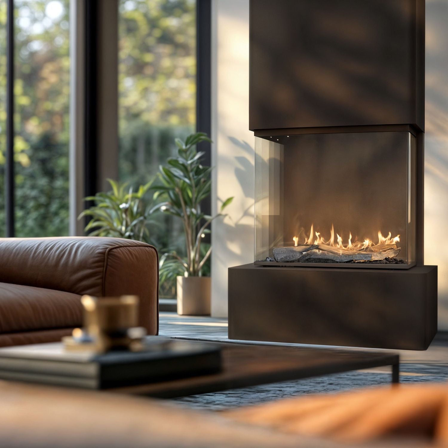 Vrijstaande designhaard Planika Vertical in moderne woonkamer