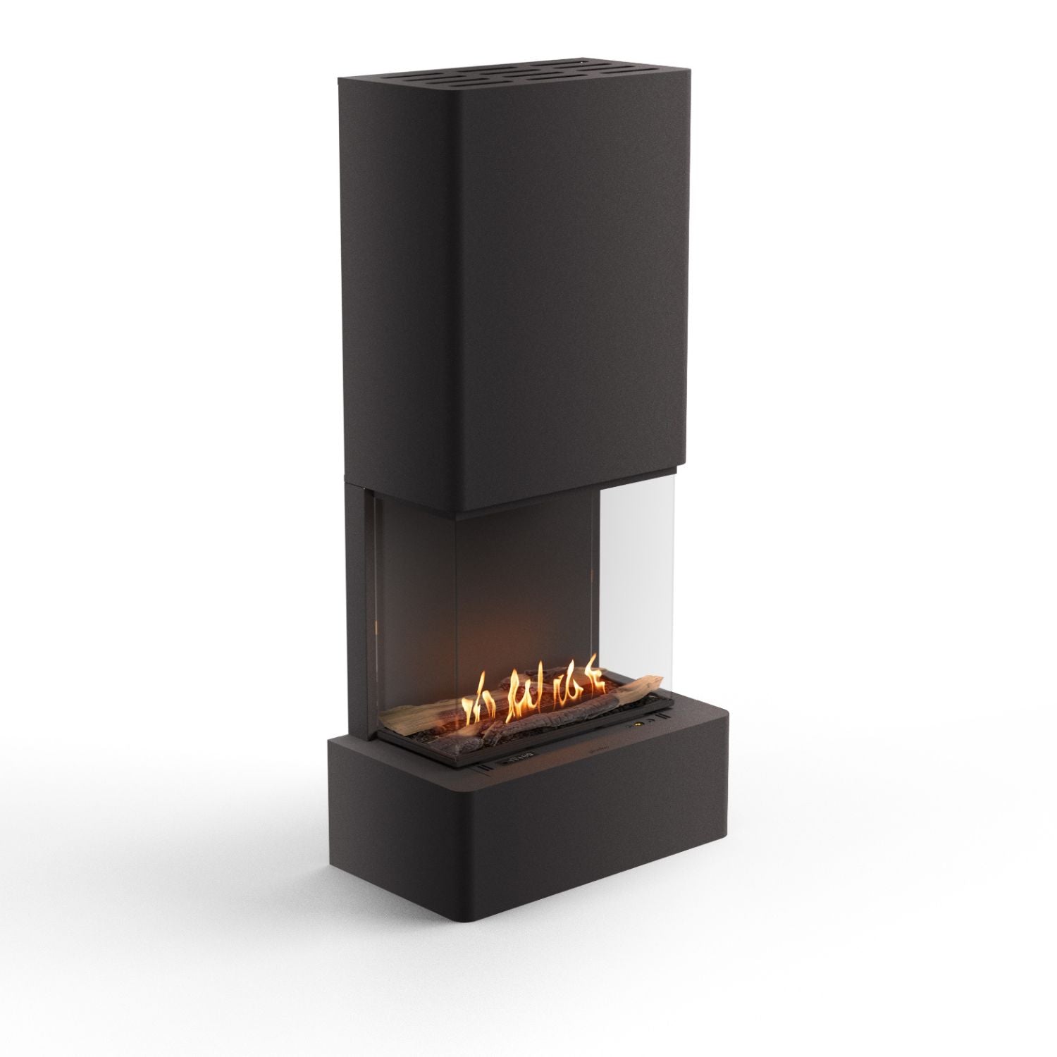 Vrijstaande Planika Vertical bio-ethanol haard met Neo 500-brander en driezijdig vuurzicht