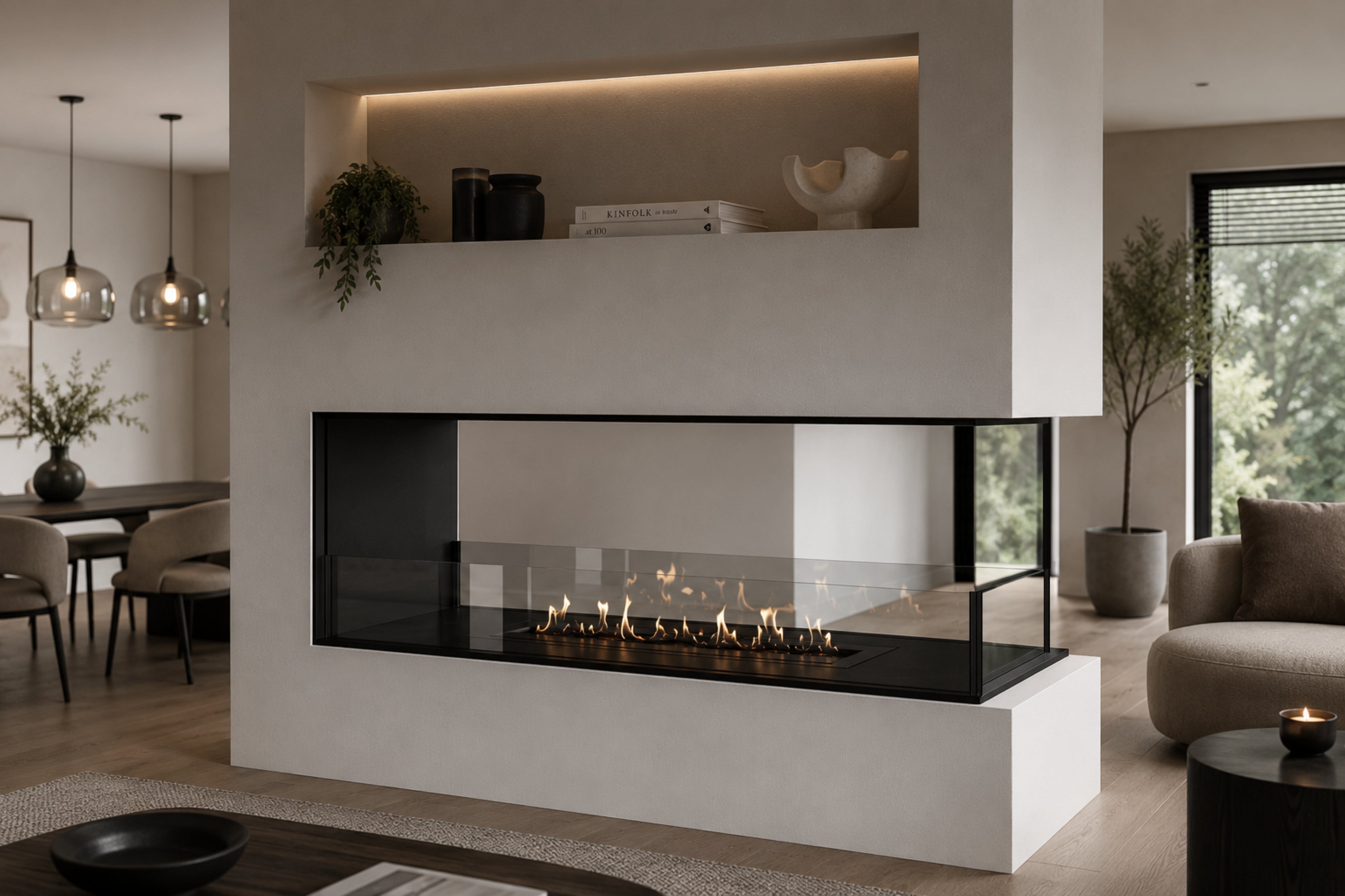 Saint U-vorm driezijdige inbouwhaard sfeerbeeld interieur