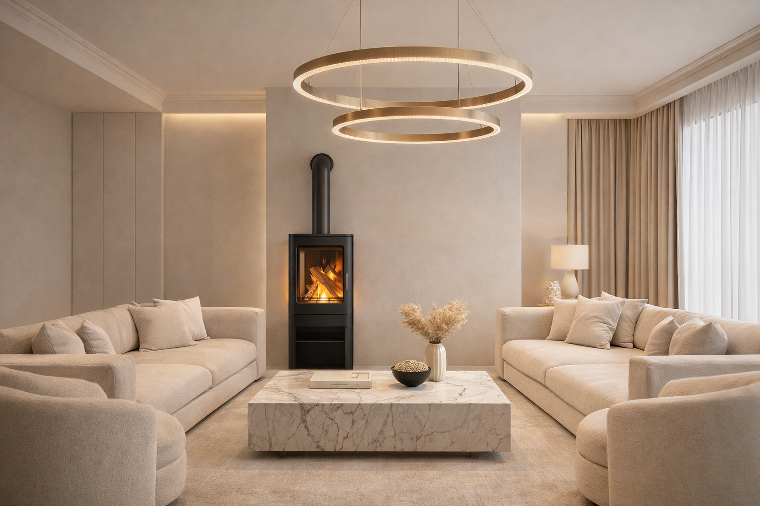 Celsi Spectre LS elektrische vrijstaande haard met afvoerpijp in een lichte woonkamer