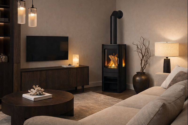 Celsi Spectre LS elektrische vrijstaande haard naast een tv in een woonkamer