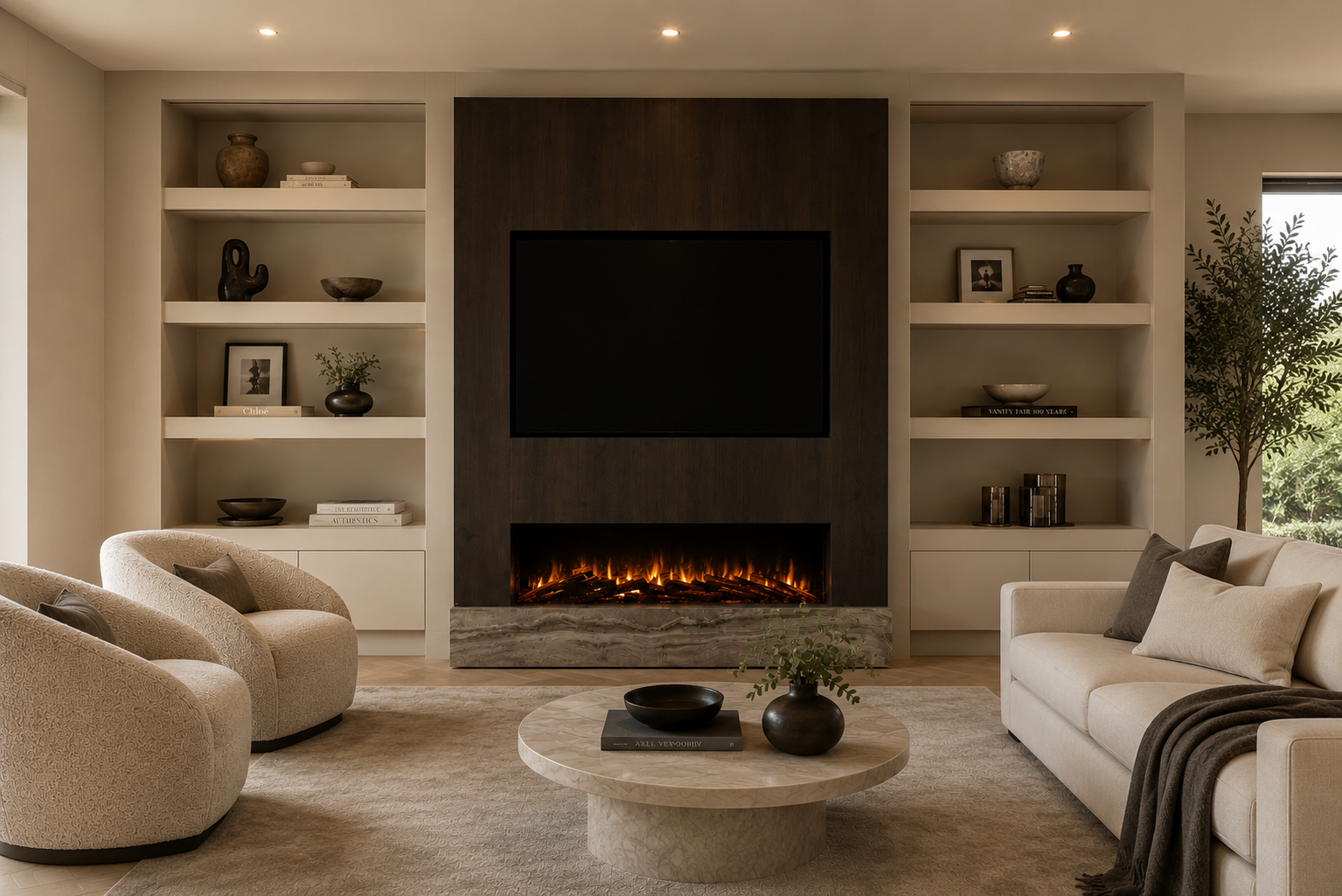 Flamente Ultimate 130 cm luxe elektrische sfeerhaard onder een tv in een woonkamer