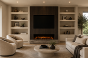 Flamente Ultimate 130 cm luxe elektrische sfeerhaard onder een tv in een woonkamer
