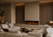 Flamente Ultimate 180 cm luxe elektrische sfeerhaard in een wand met houten panelen