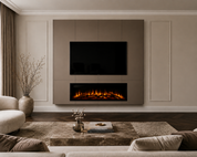 Flamente Ultimate Slim 130 cm ondiepe elektrische haard onder een tv in een wandmeubel