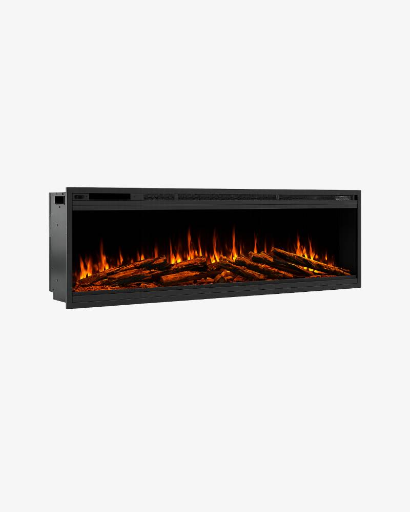 Flamente Ultimate Slim ondiepe elektrische haard met vlammen en houtstammen, studiofoto