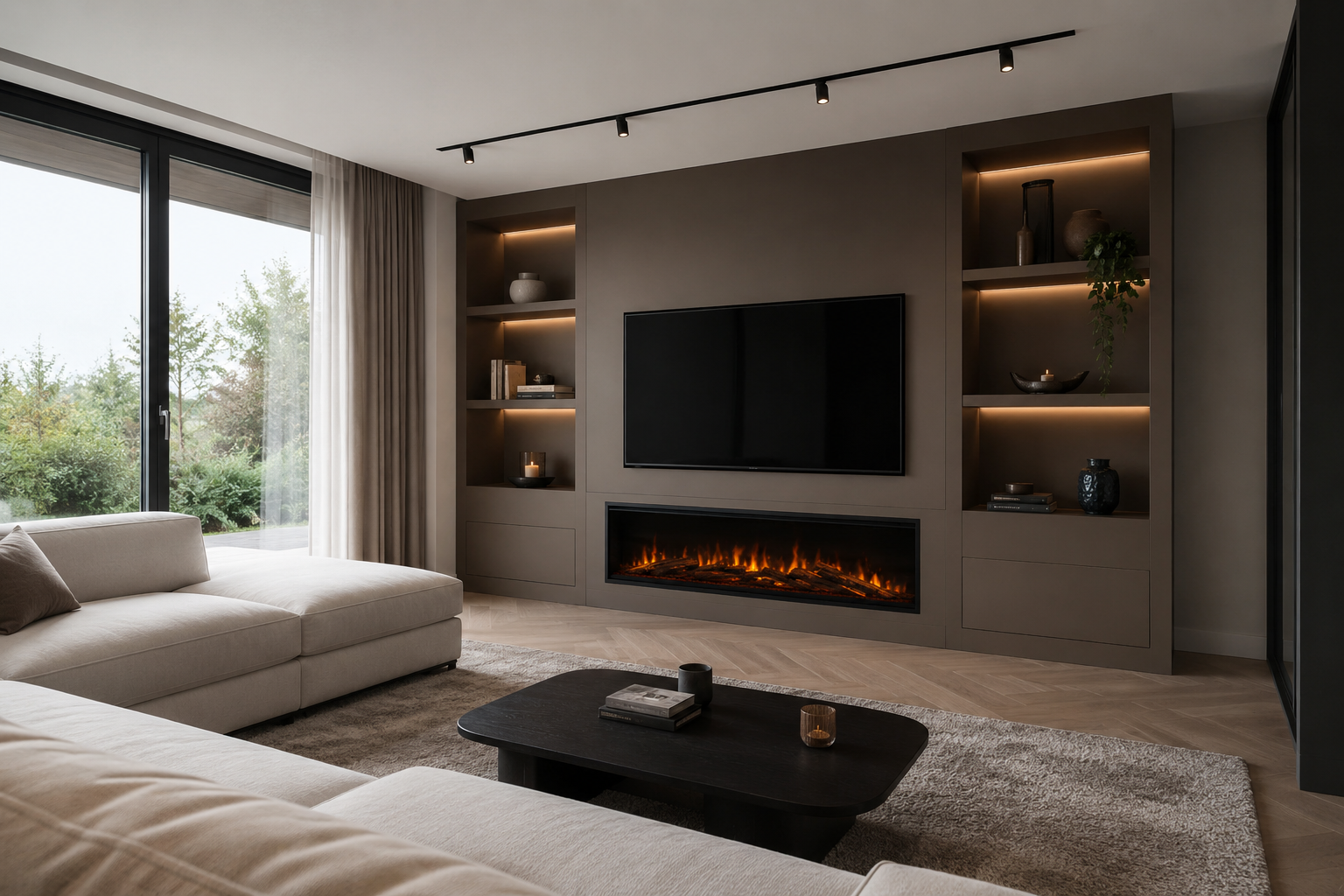 Ondiepe elektrische haard Flamente Ultimate Slim in een tv-wand in een moderne woonkamer
