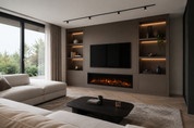 Ondiepe elektrische haard Flamente Ultimate Slim in een tv-wand in een moderne woonkamer