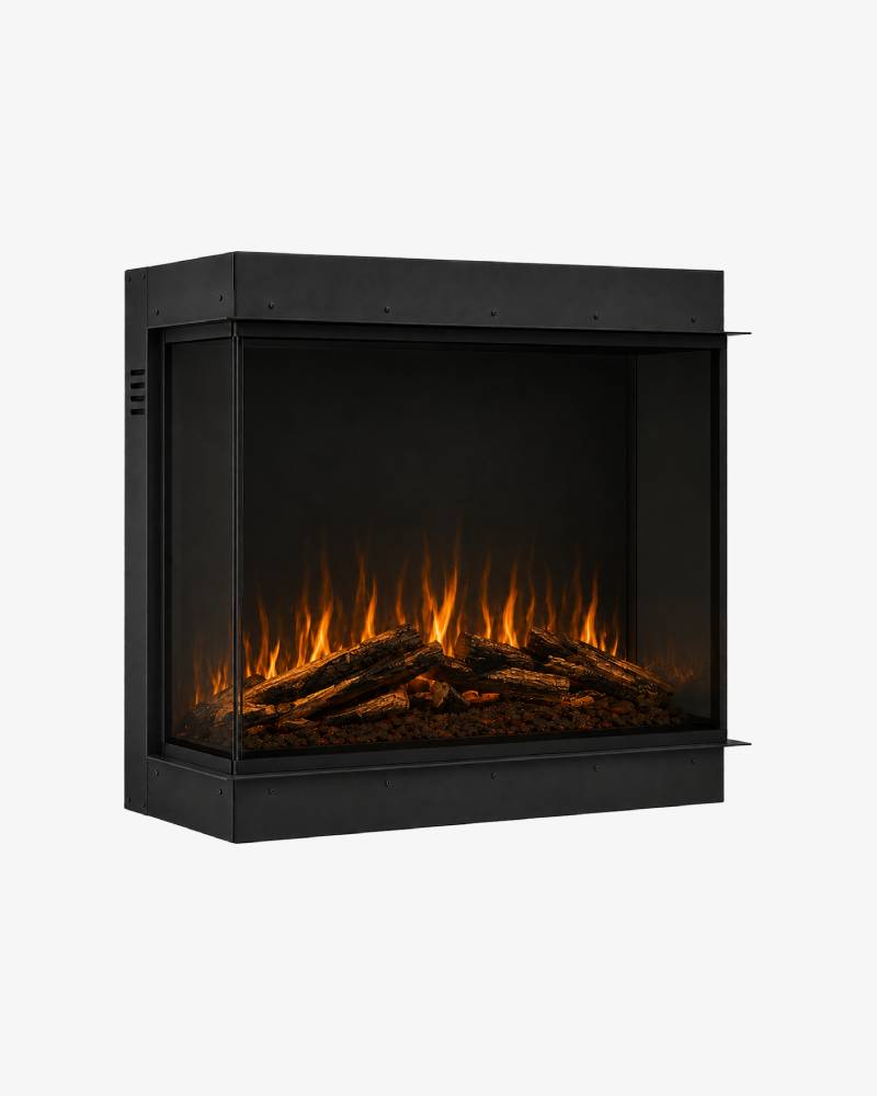 Flamente View elektrische inzethaard met Ultra HD vlammen en houtstammen, studiofoto