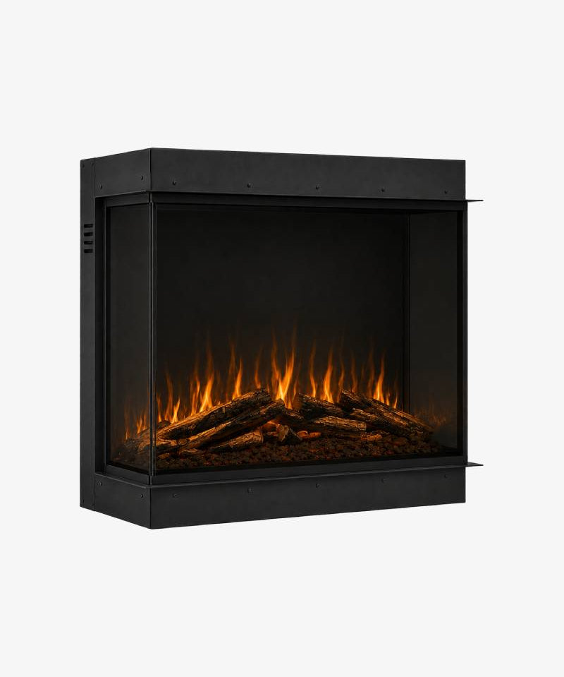 Flamente View elektrische inzethaard met Ultra HD vlammen en houtstammen, studiofoto