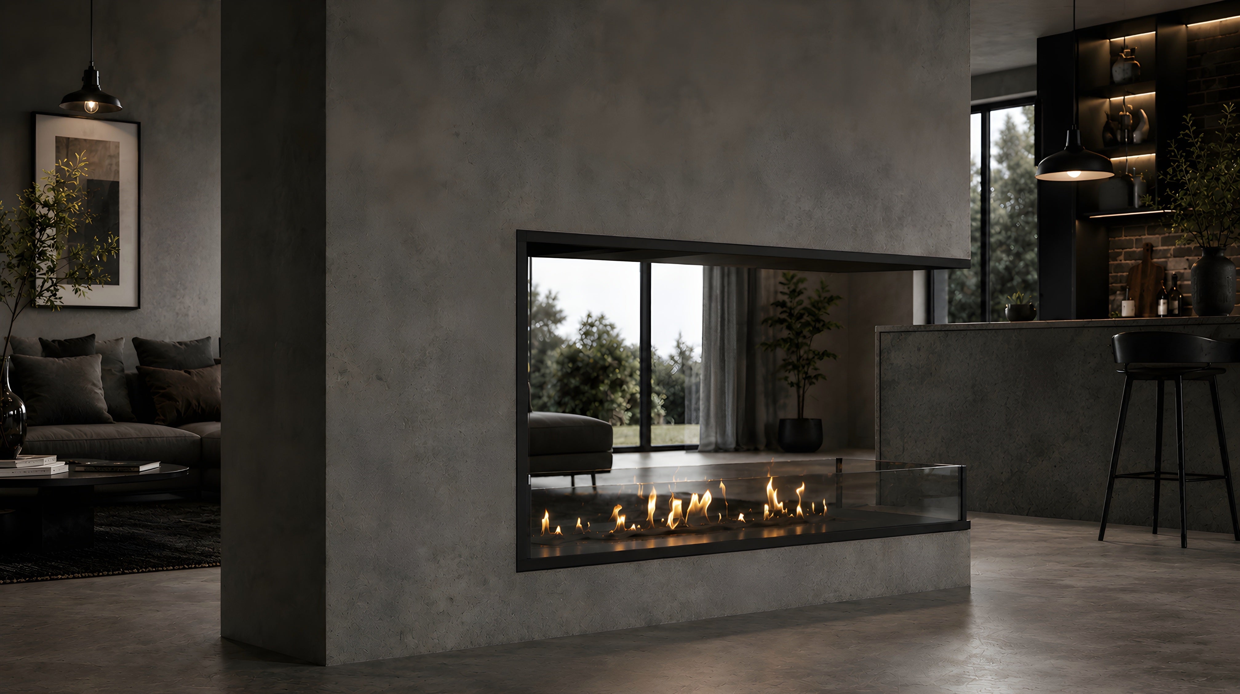 Saint U-vorm driezijdige inbouwhaard sfeerbeeld interieur