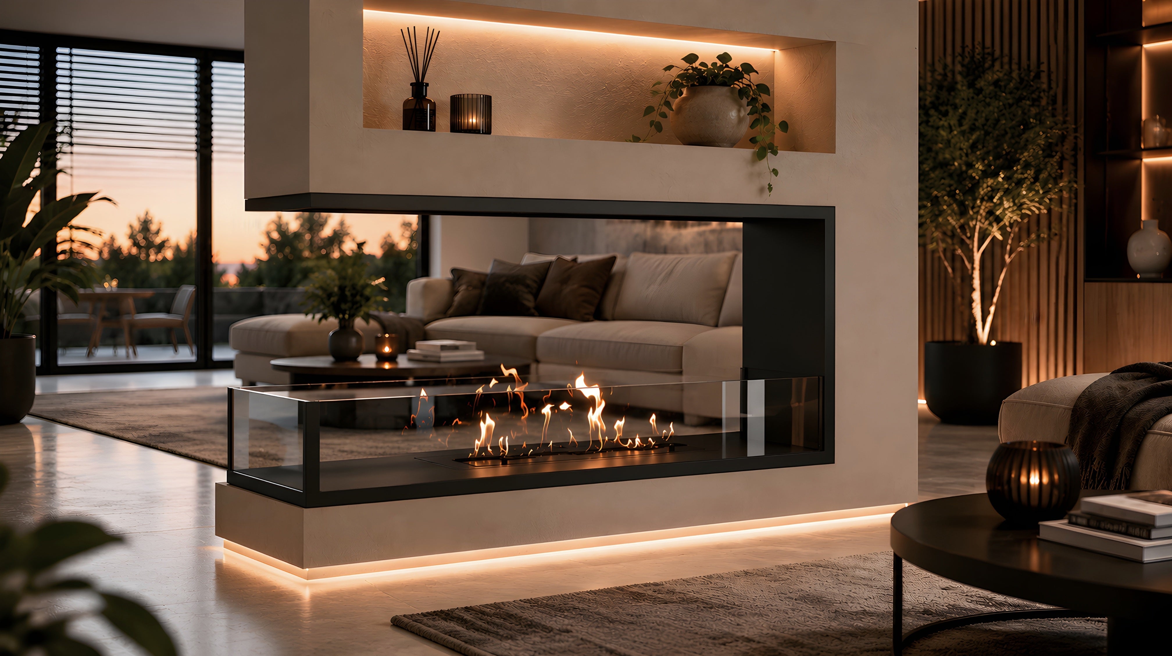 Saint U-vorm driezijdige inbouwhaard sfeerbeeld interieur